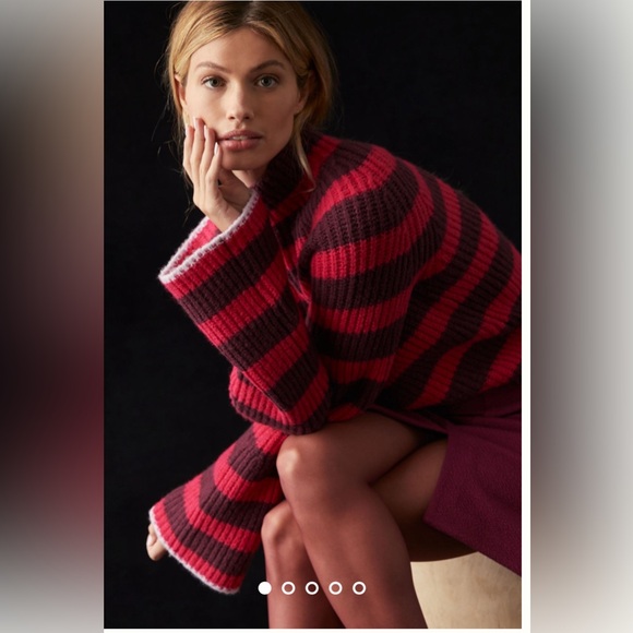 Maeve by Anthropologie Striped Wool Blend Turtleneck Sweater Bell Sleeves Size L - Picture 2 of 10